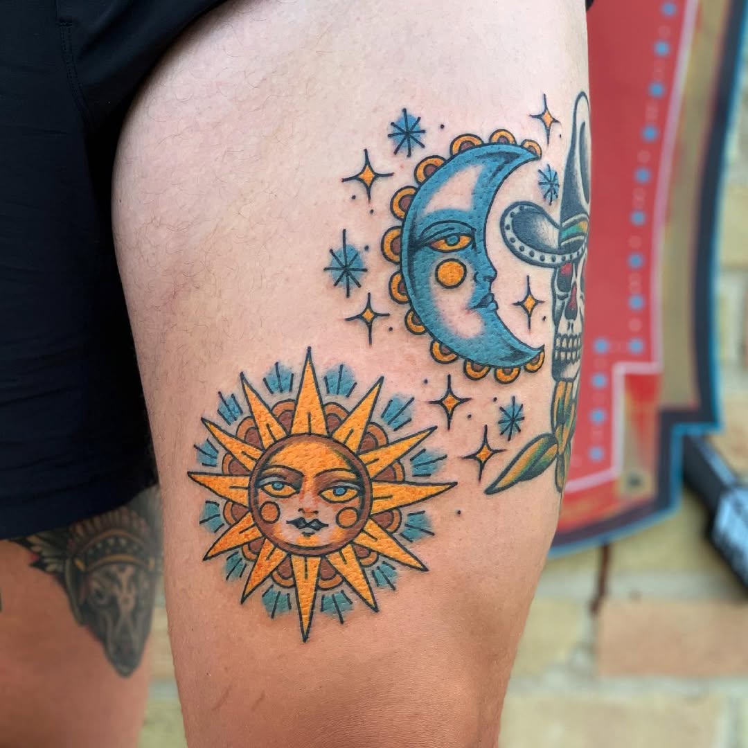 Colorful sun and moon tattoo design