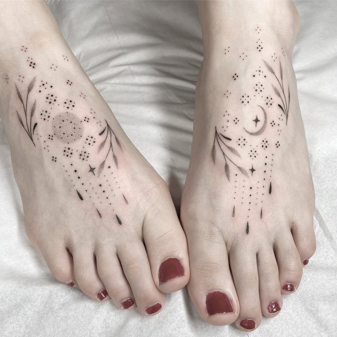 Delicate Sun and Moon Floral Feet Tattoos