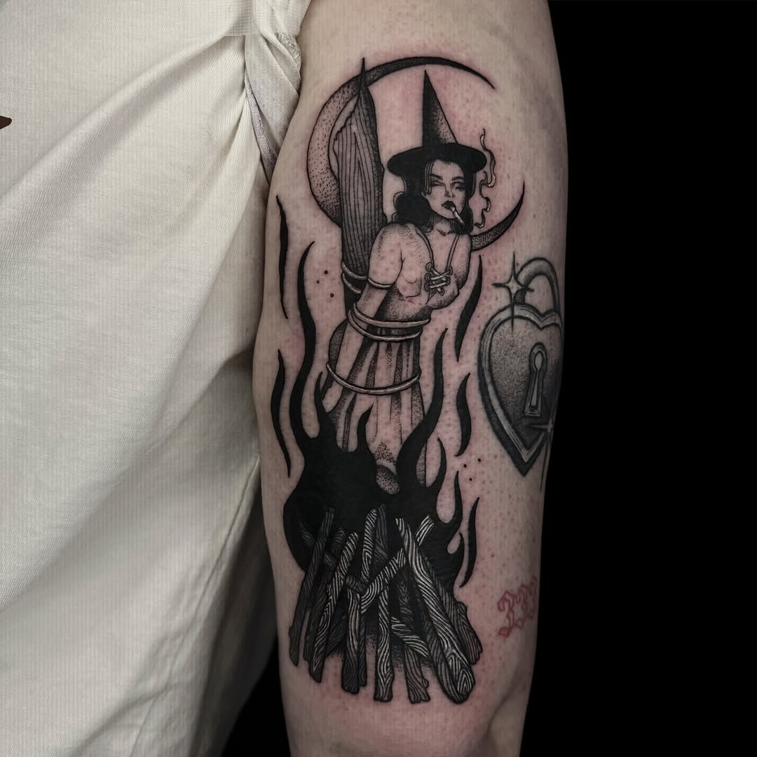 Mysterious witch casting spells in flames