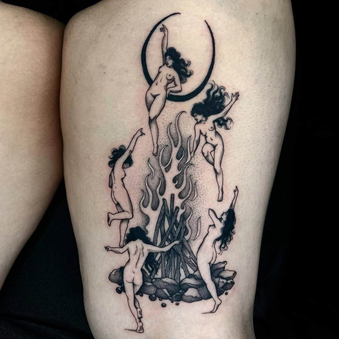 Enchanting dance of mystical sorceresses captured in ink