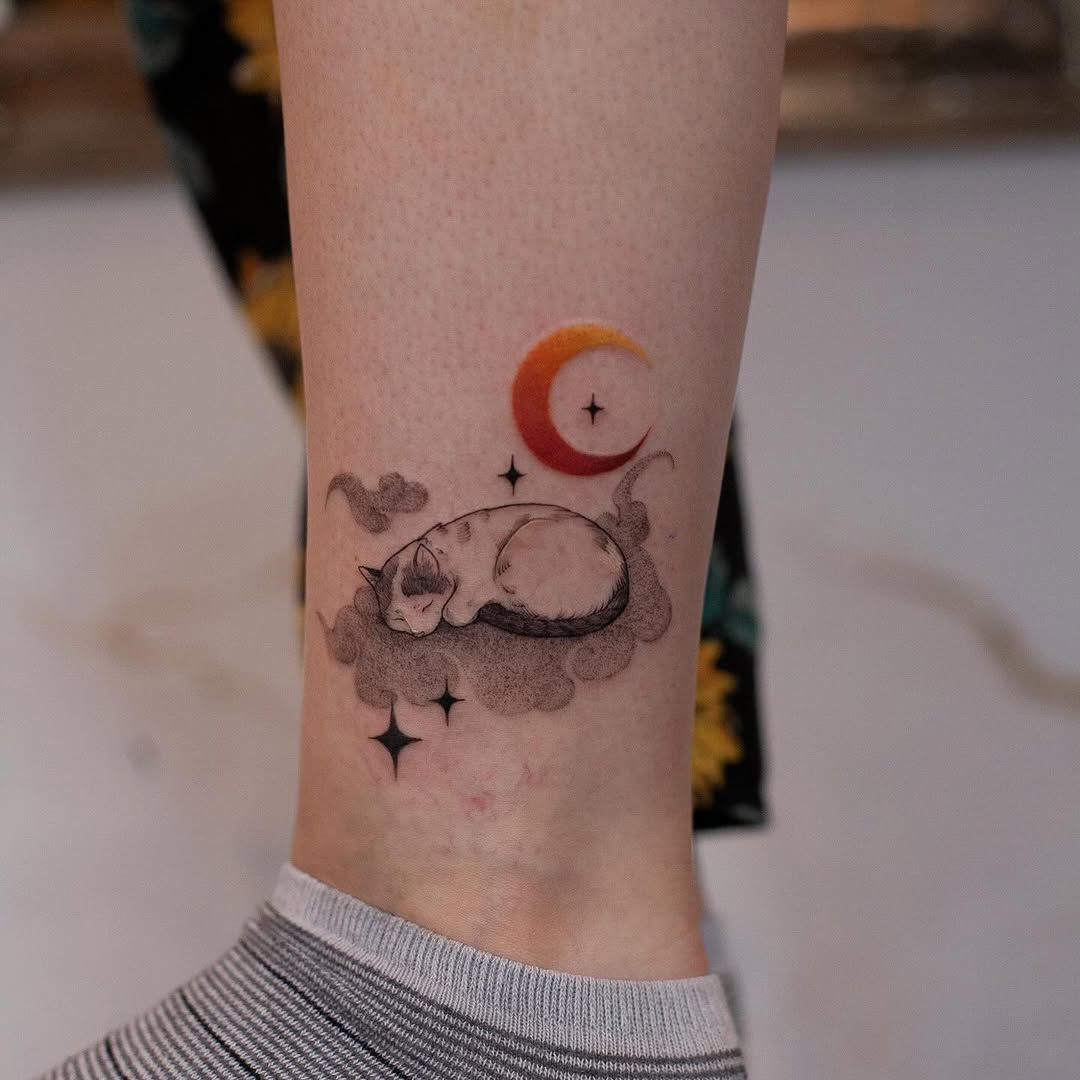 Mystical feline resting under celestial skies