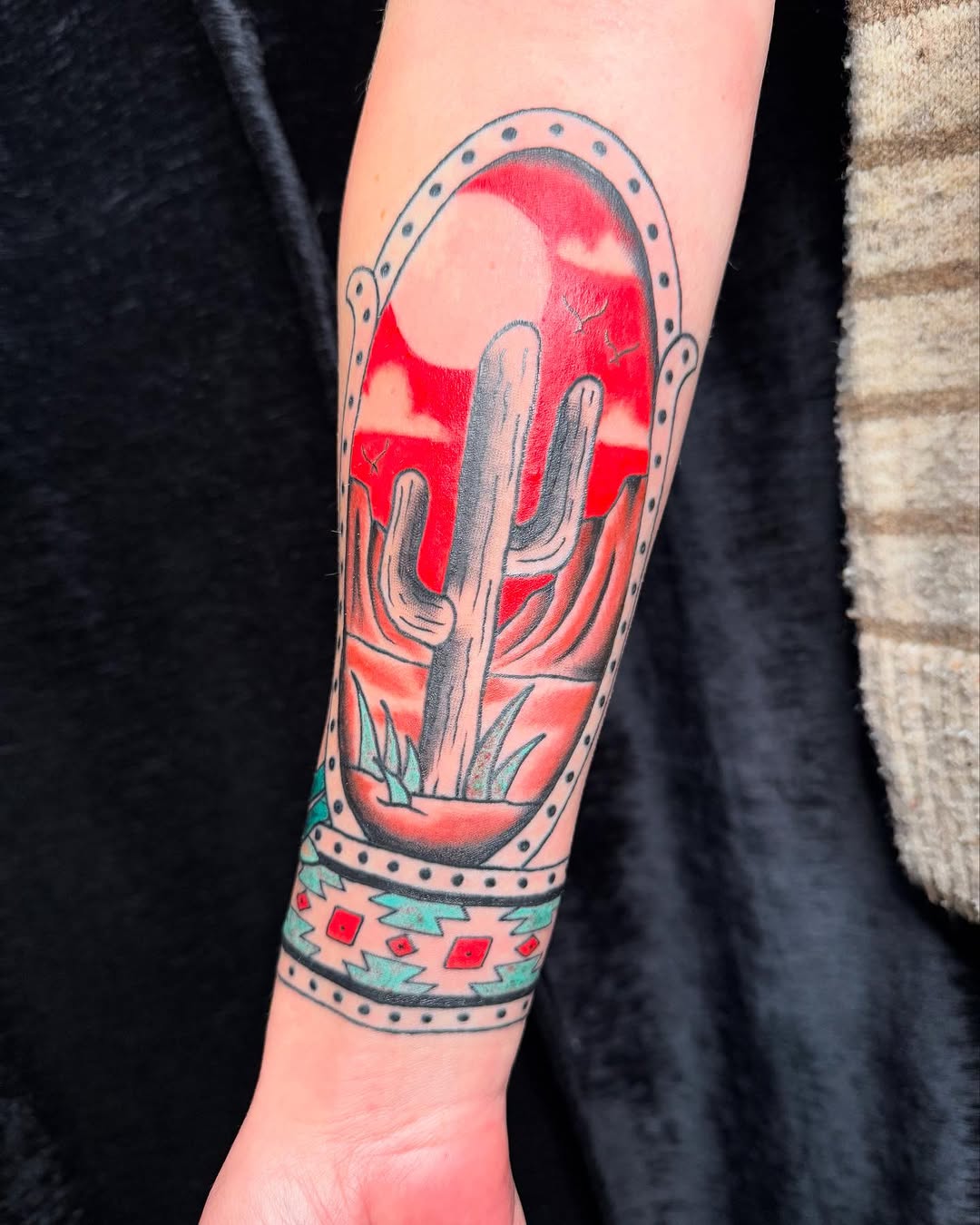 Vibrant Cactus Sunset Tattoo on Forearm