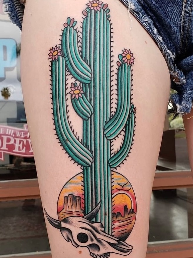 Stunning cactus and skull tattoo design