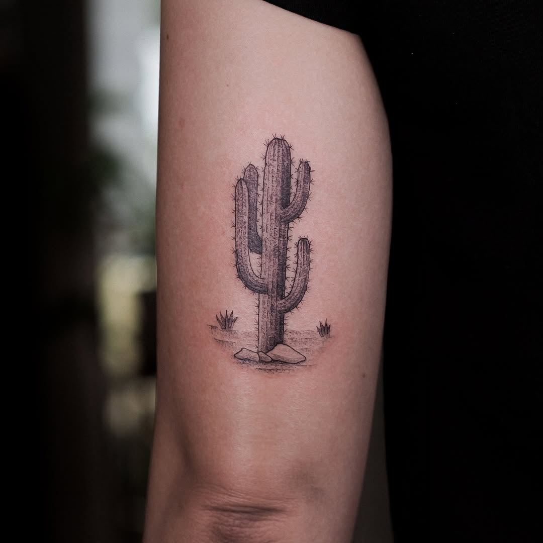 Detailed cactus tattoo on the forearm