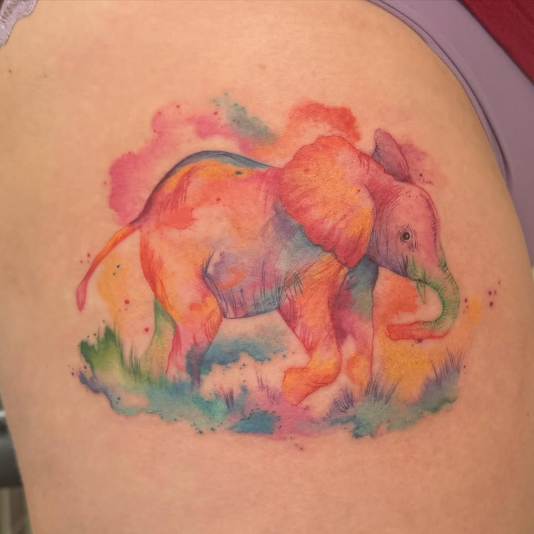 Vibrant Watercolor Elephant Tattoo Design