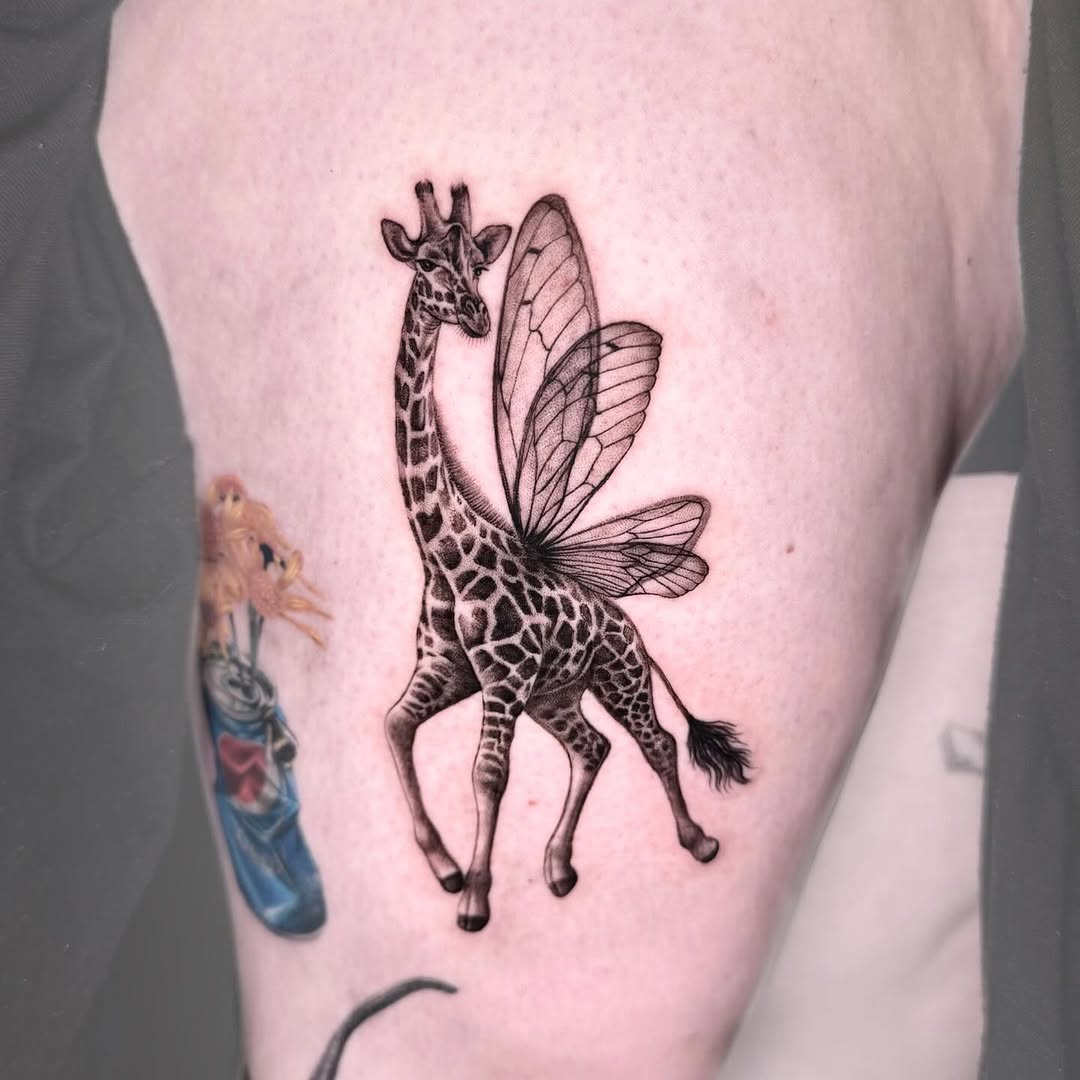 Whimsical giraffe tattoo with butterfly wings