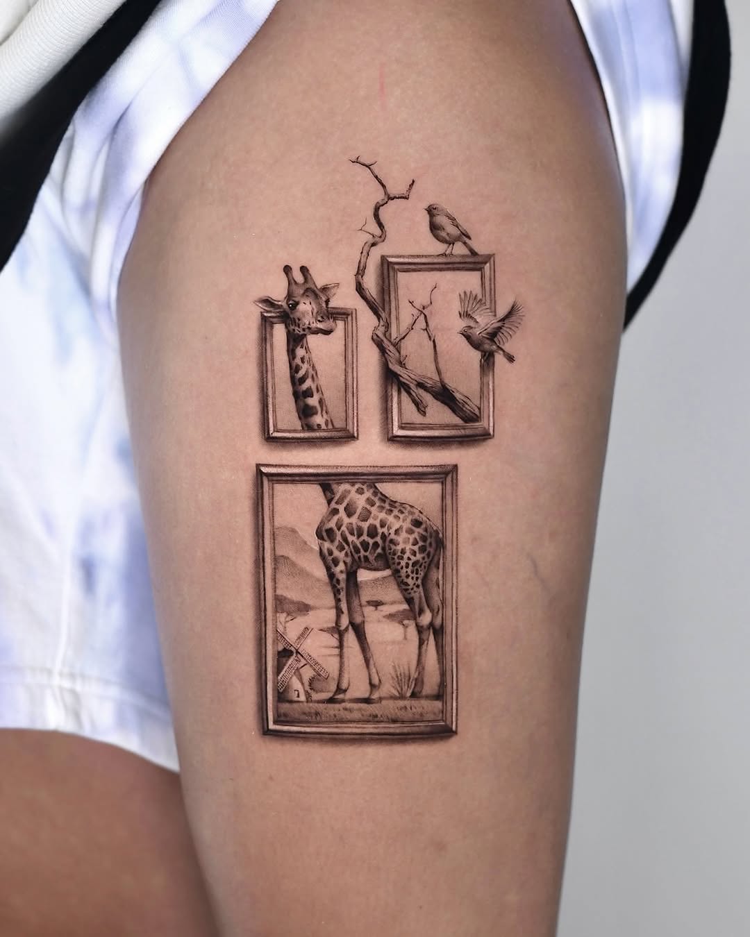 Artistic Giraffe Tattoo with Framed Illustrations