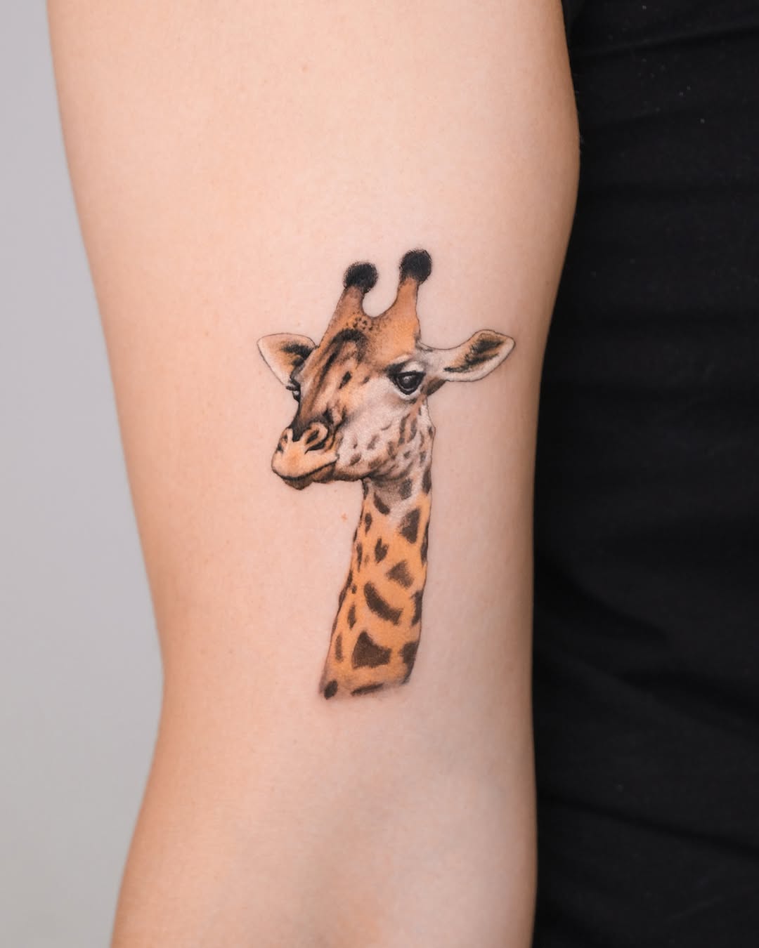 Charming giraffe head tattoo on an arm