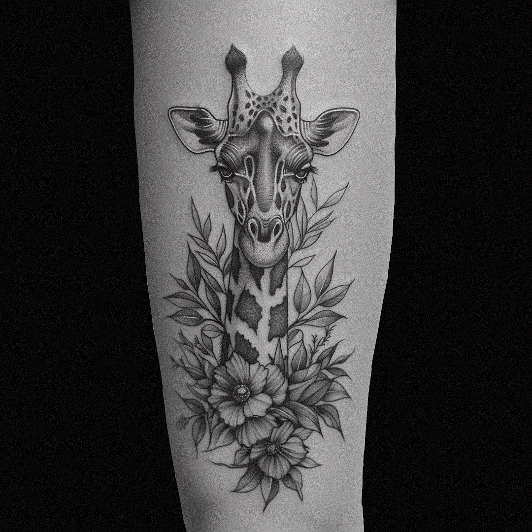 Stunning Giraffe Tattoo Surrounded by Flowers