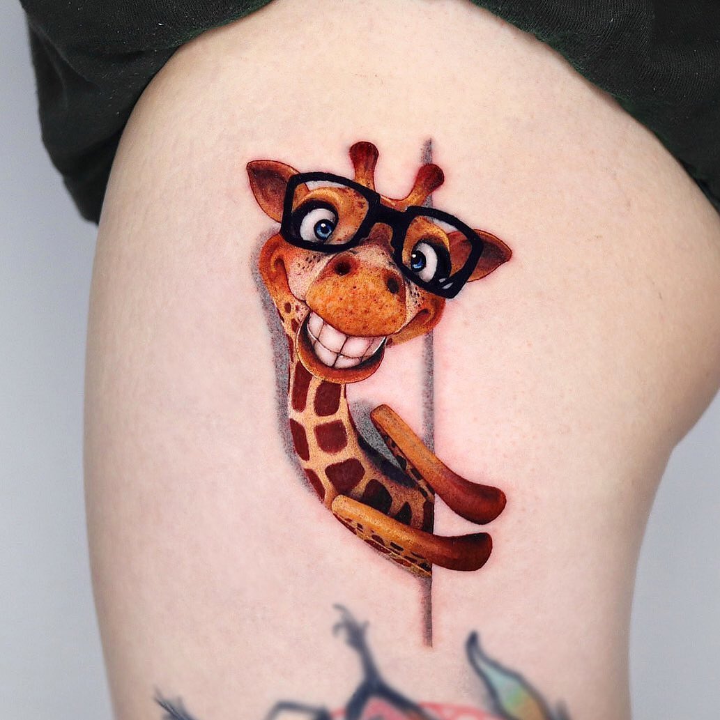 Whimsical giraffe tattoo wearing glasses