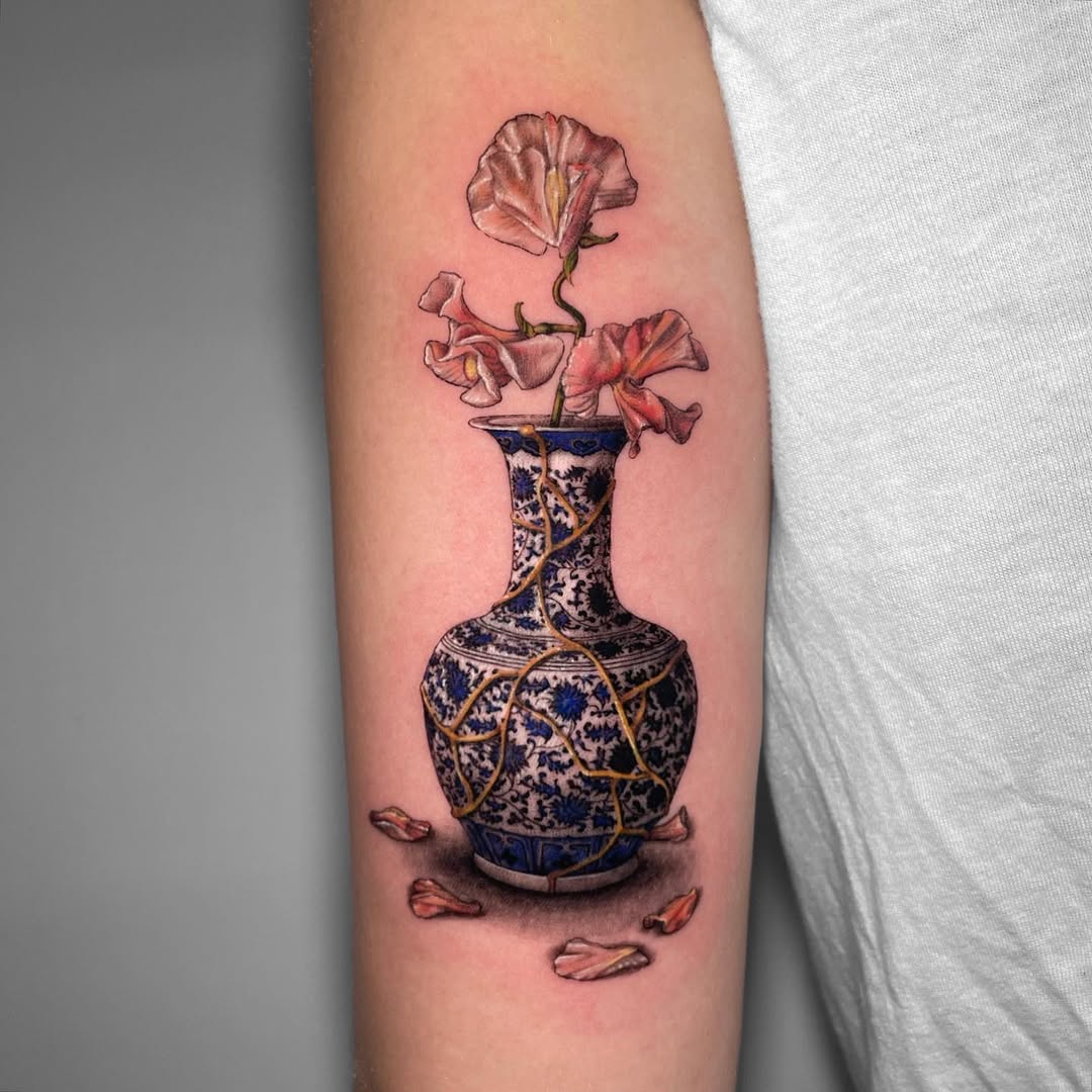 Intricate floral vase kintsugi tattoo design