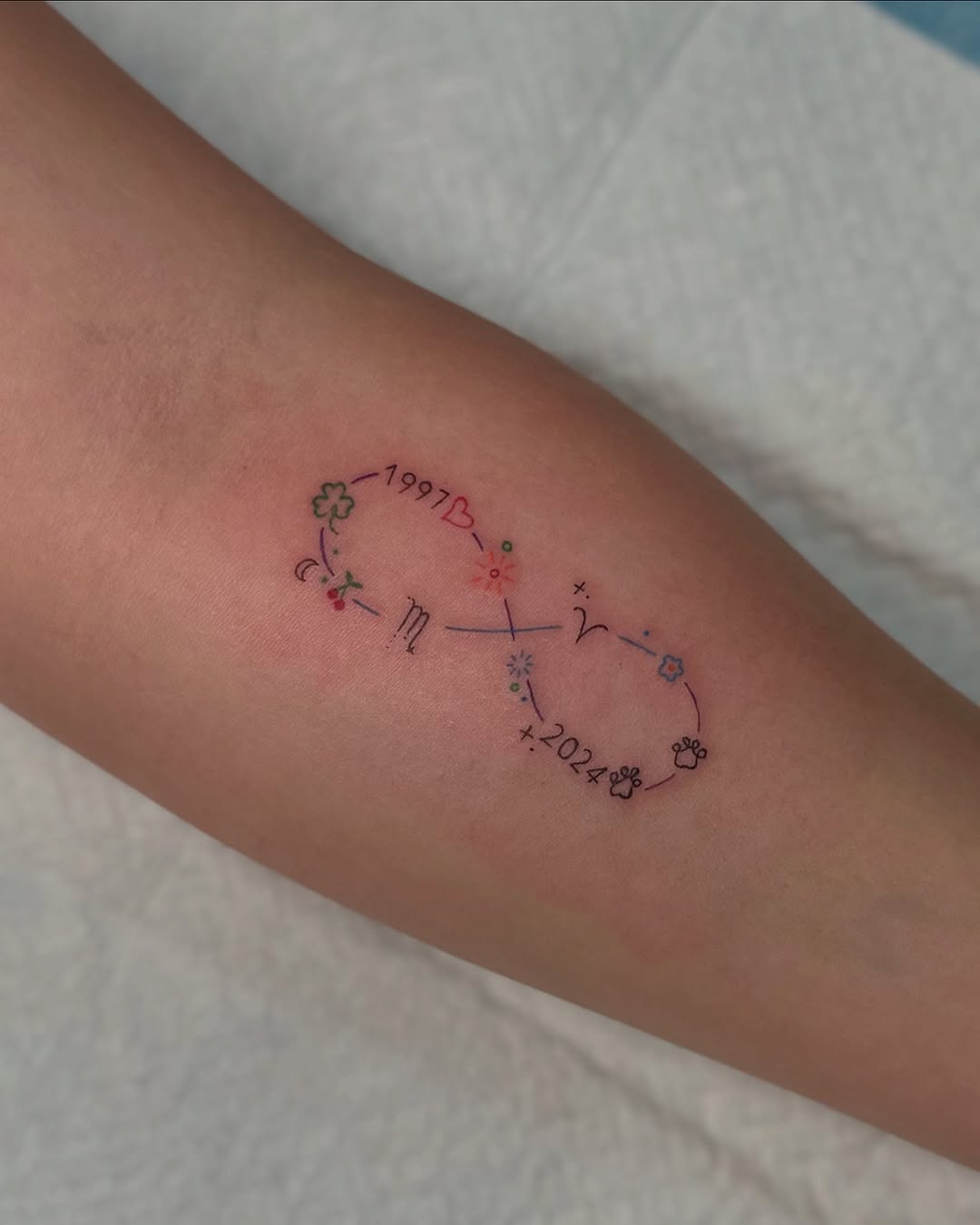 Colorful infinity tattoo with personal years