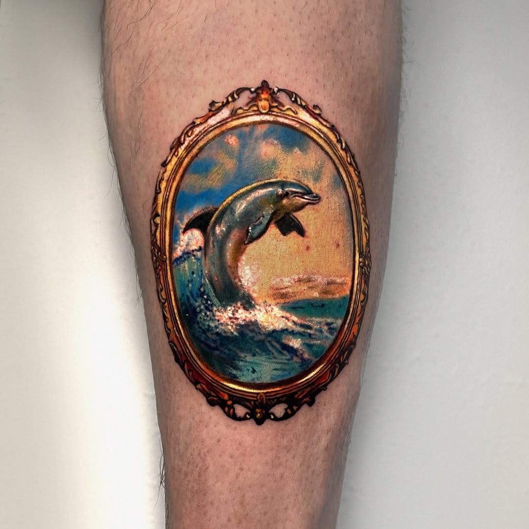 Artistic Dolphin Tattoo in a Vintage Frame