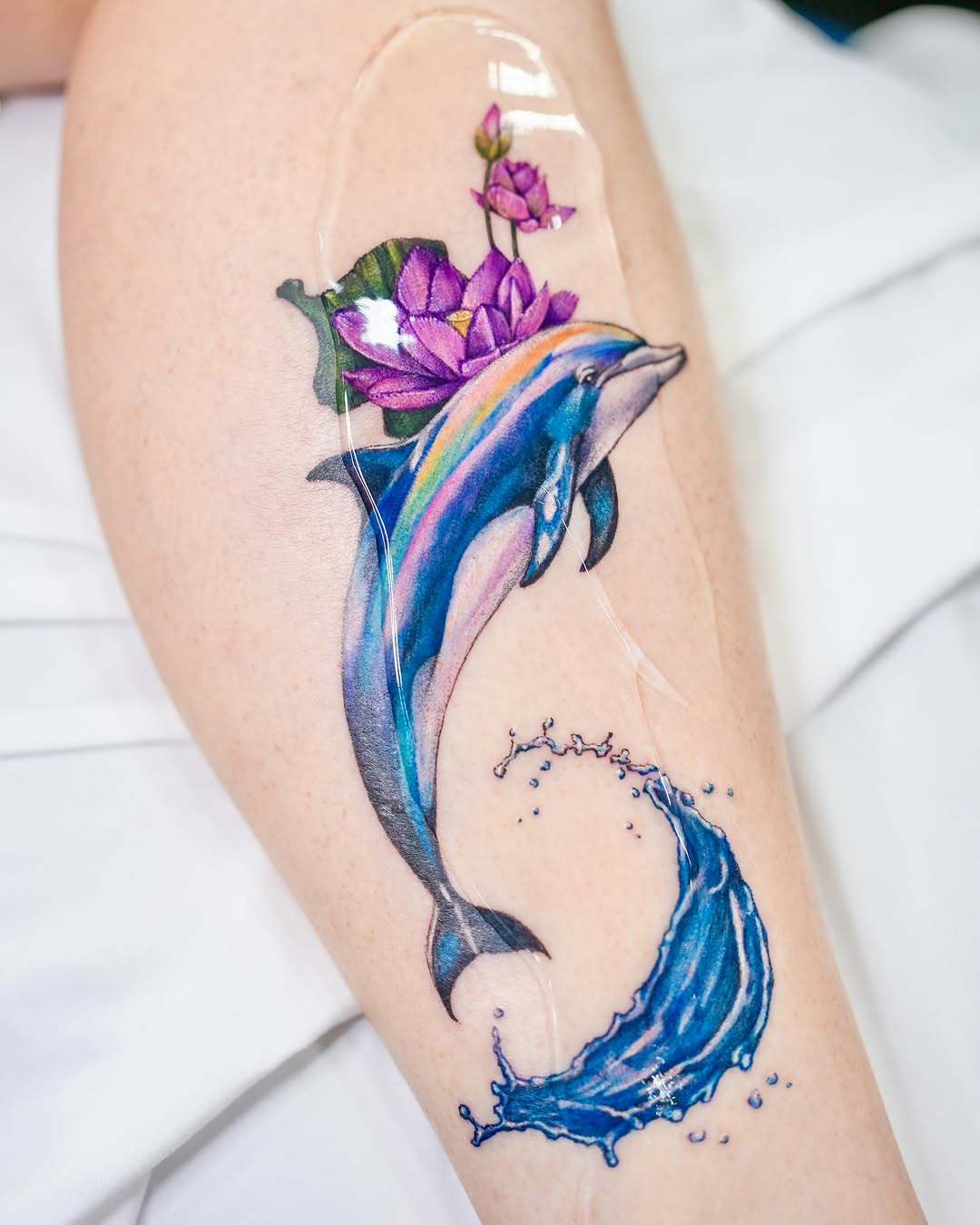 Vibrant dolphin tattoo with floral design