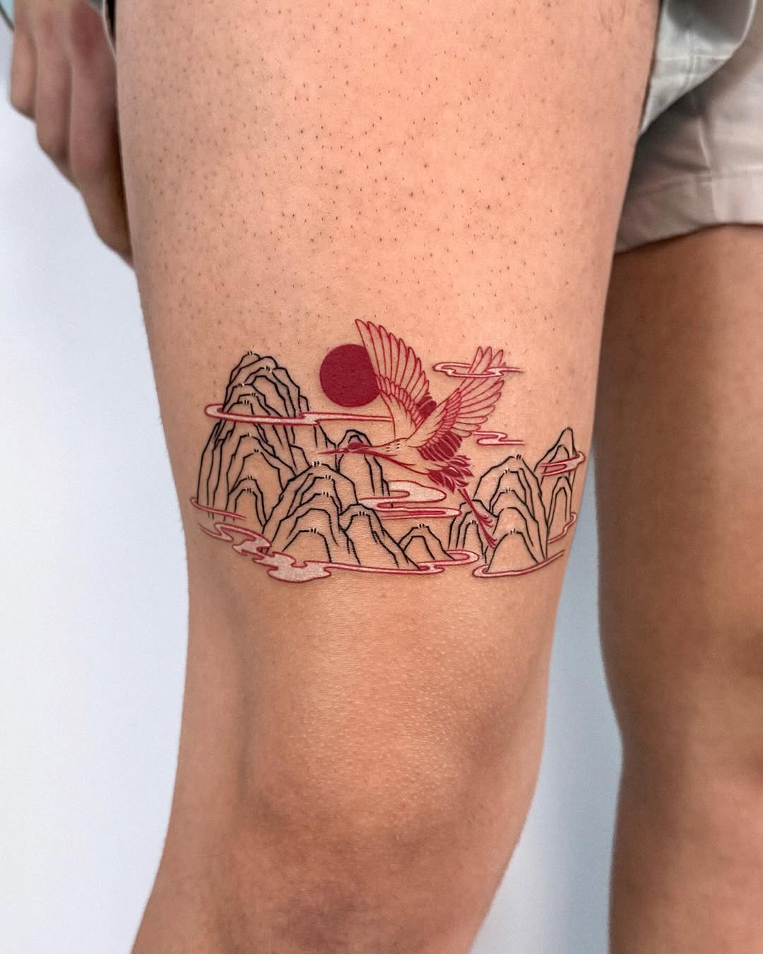 Stunning Oriental Landscape with Soaring Bird Tattoo