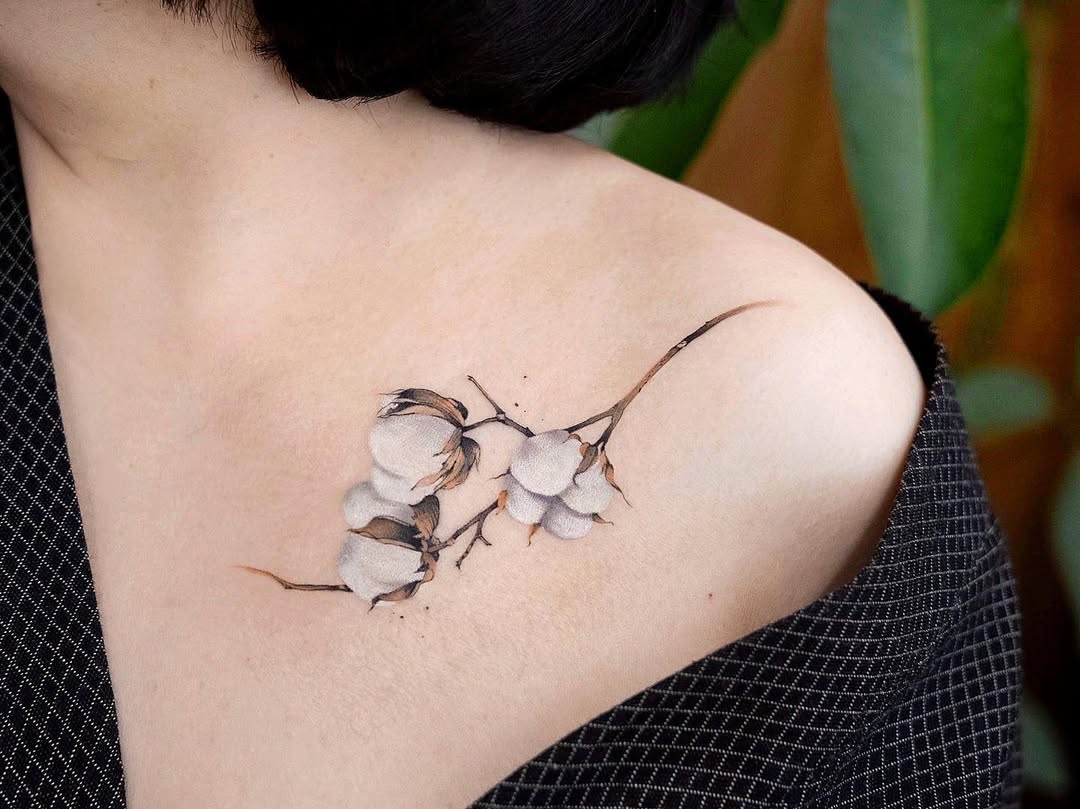 Elegant cotton flower tattoo on shoulder
