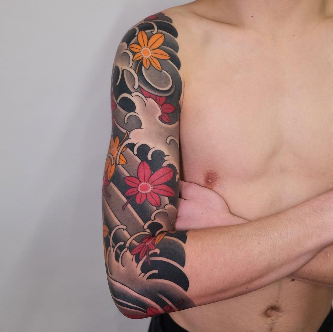 Stunning Floral and Wave Oriental Tattoo Design