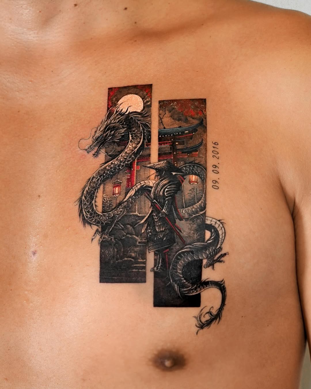 Intricate oriental dragon and samurai tattoo design