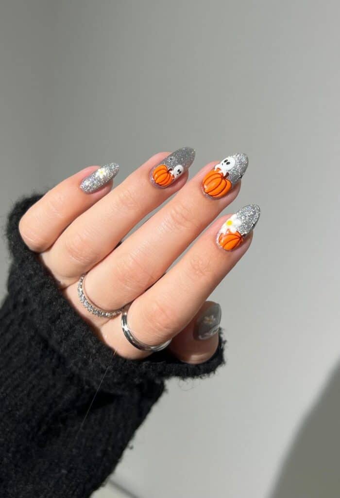 Glittery Pumpkin Nails