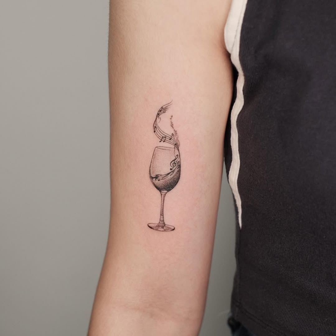Elegant fine line wine glass tattoo design