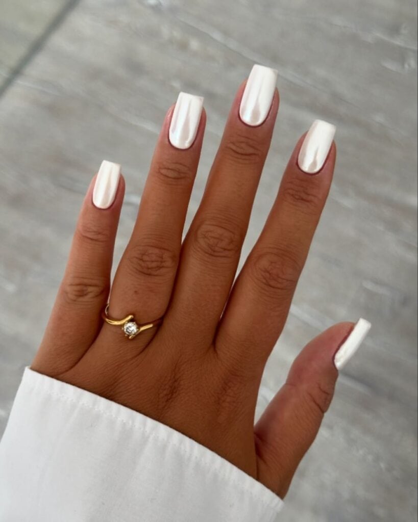 Pearly White Chrome Nails