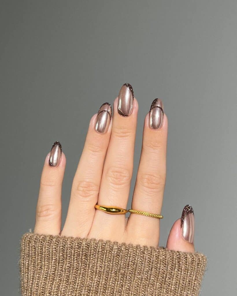 Brown Double French Chrome Nails
