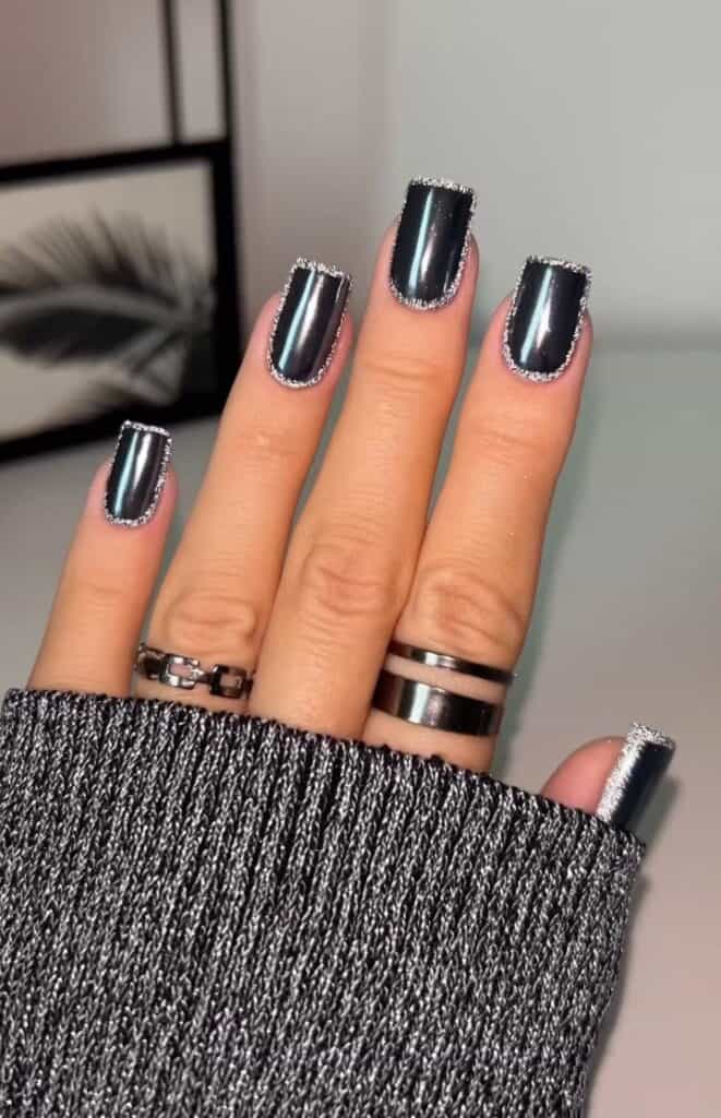 Chrome Black Glittery Nails