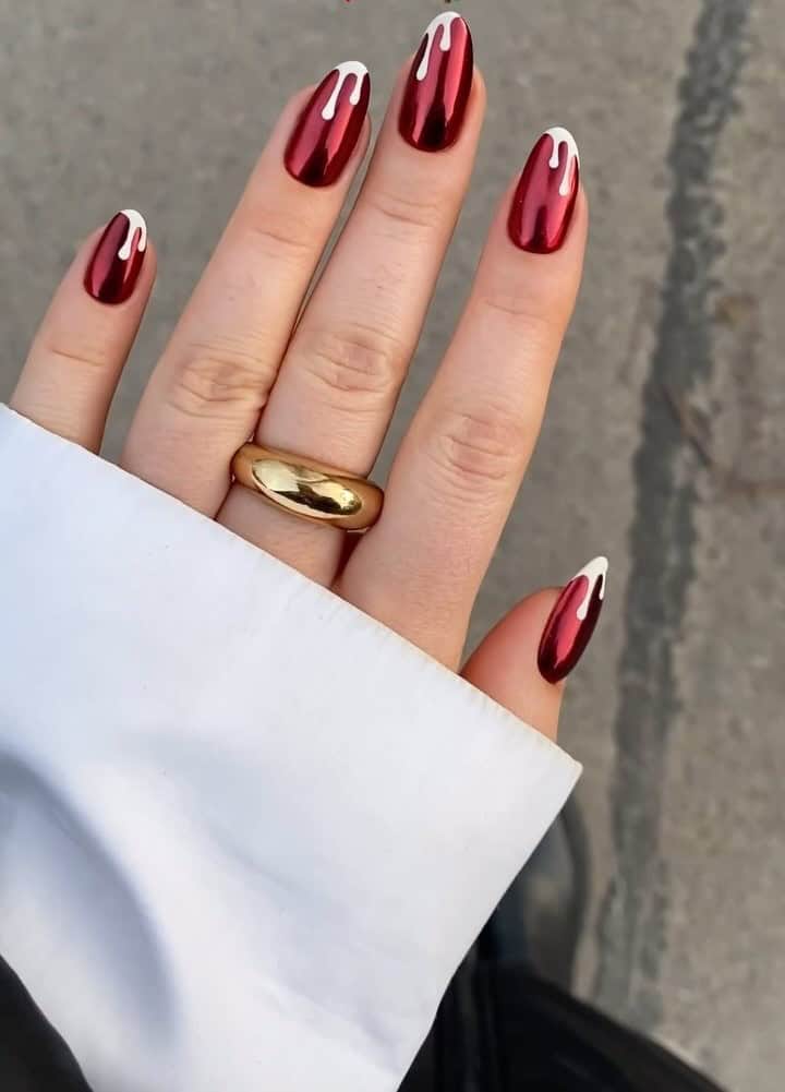 Snowy Red Chrome Nails