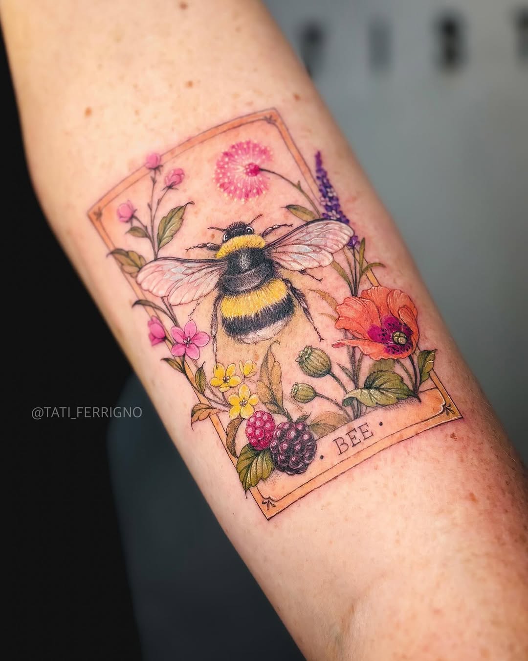 Stunning Floral Bee Tattoo in Watercolor Style