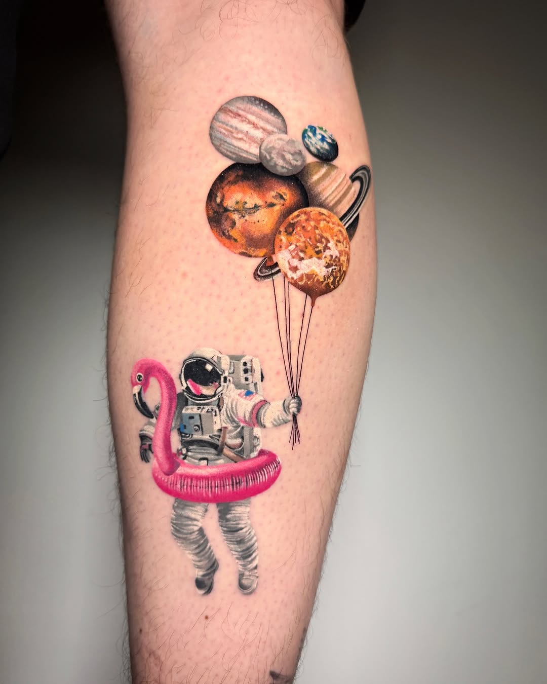 Whimsical astronaut with playful planet balloons