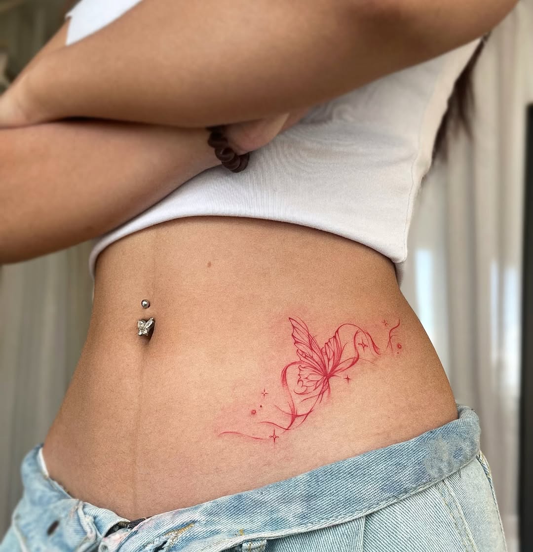 Elegant red butterfly waist tattoo design