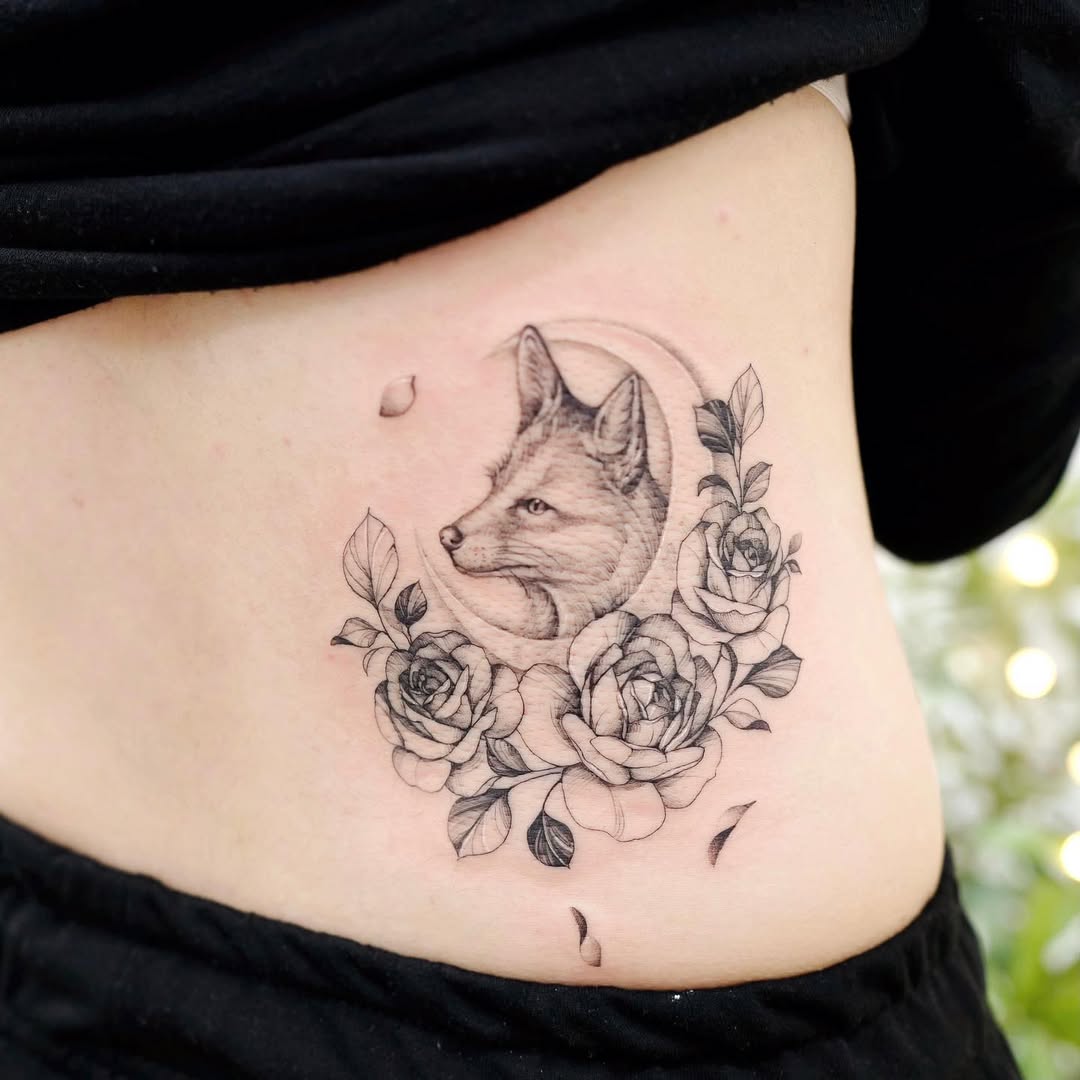 Elegant fox surrounded by blooming roses tattoo
