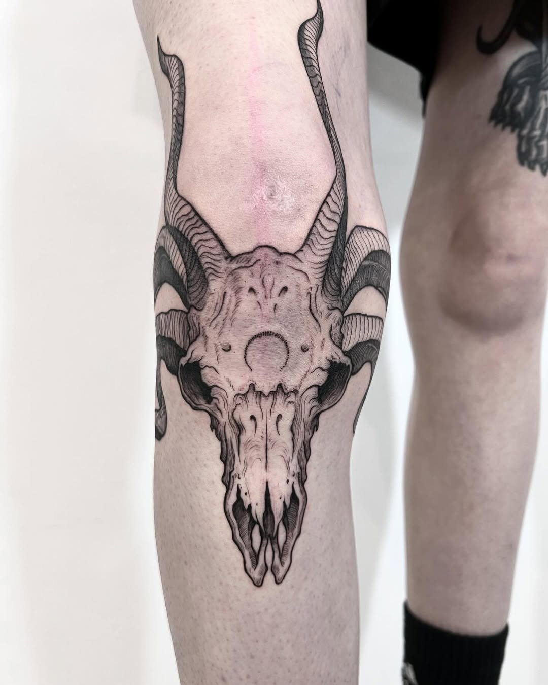 Intricate Capricorn skull tattoo with horns