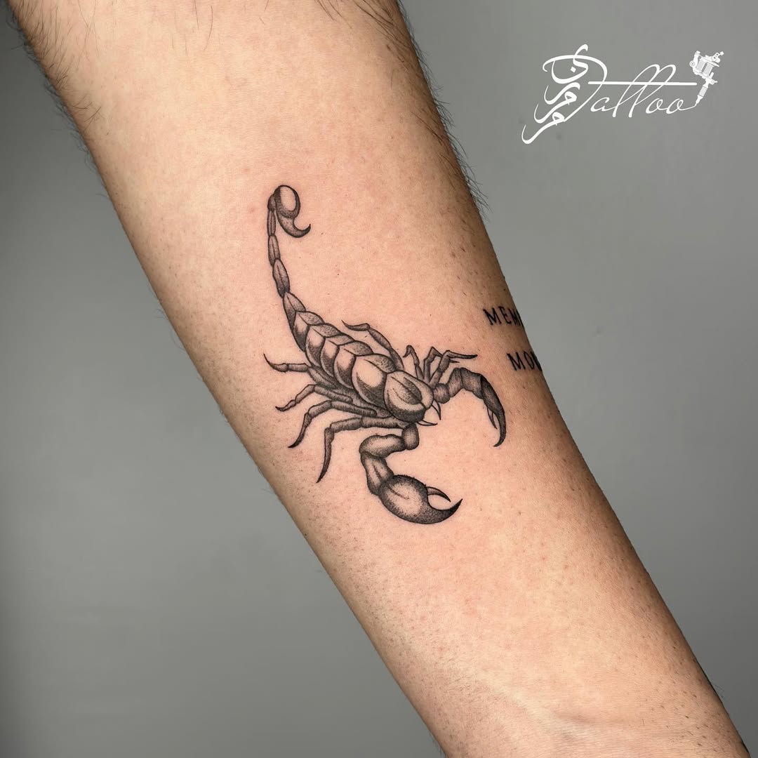 Sleek black ink scorpion tattoo on forearm