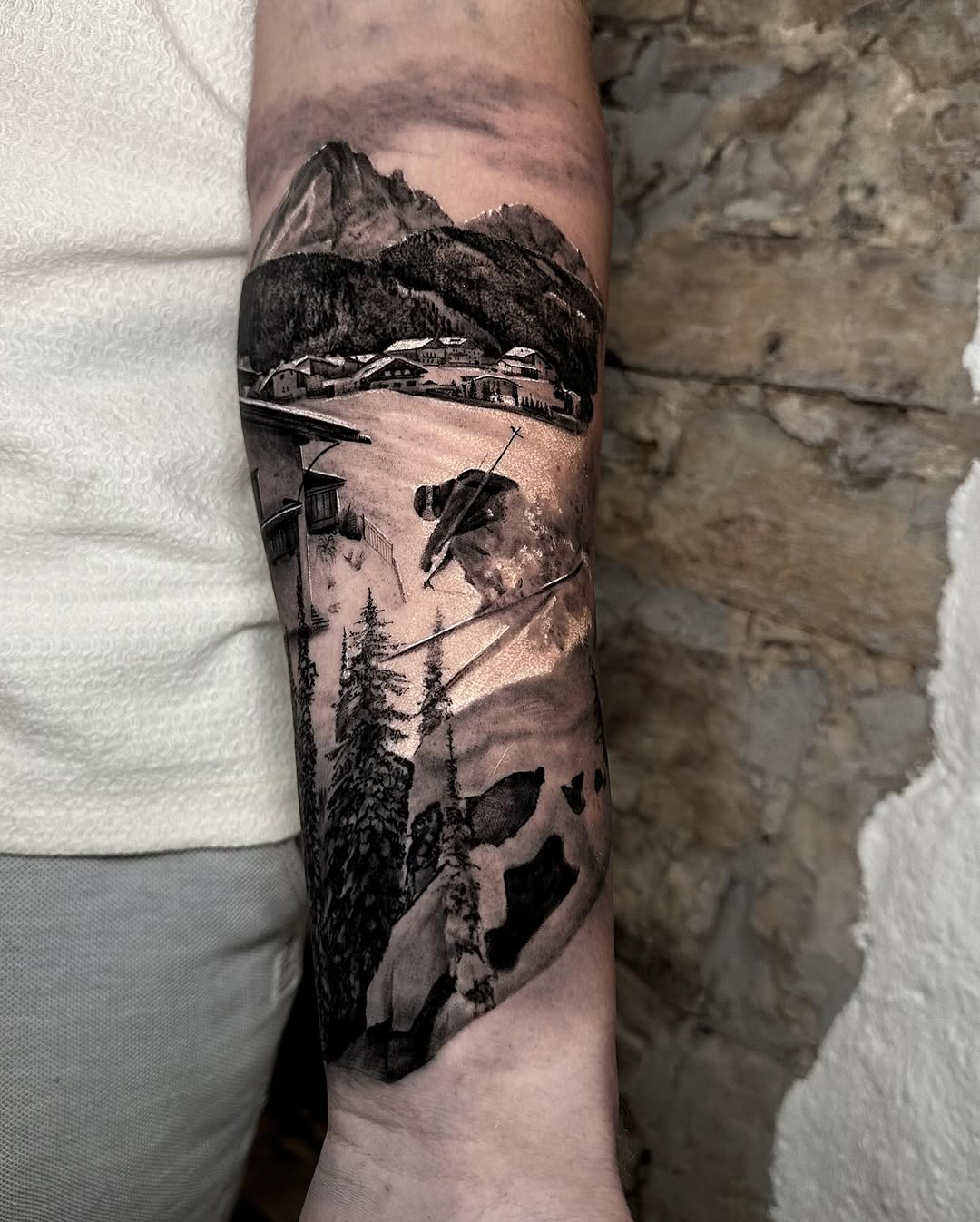 Stunning mountain landscape tattoo with geometric design