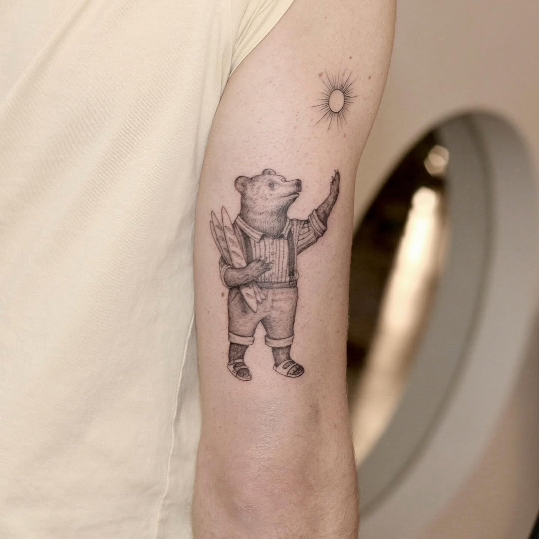 Charming bear tattoo with a playful summer vibe