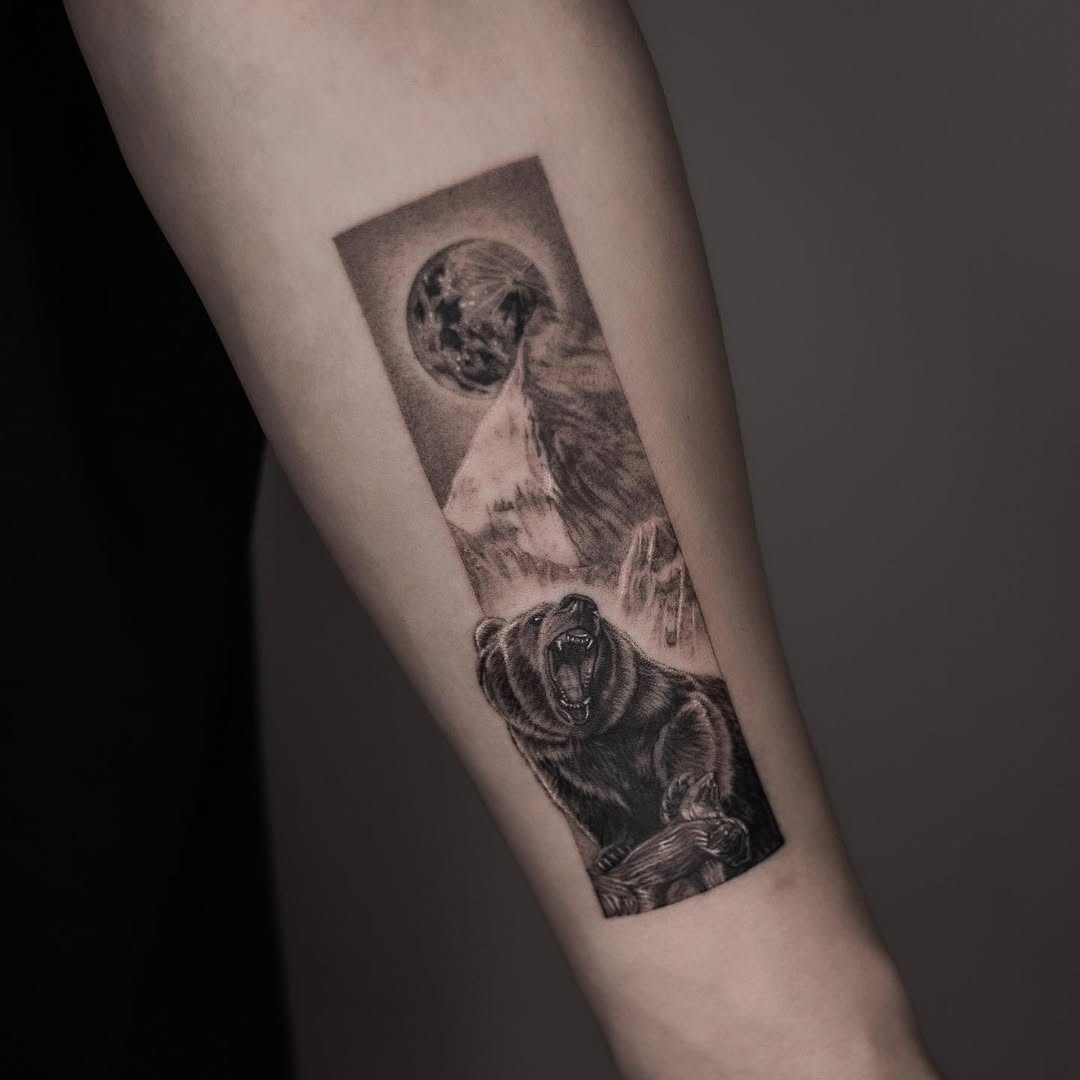 Majestic bear tattoo with mountain scenery