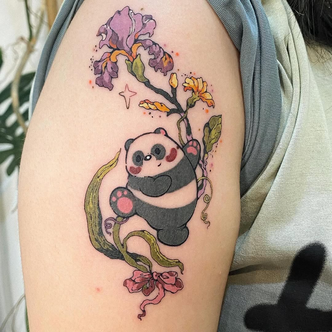 Playful panda amidst vibrant floral design