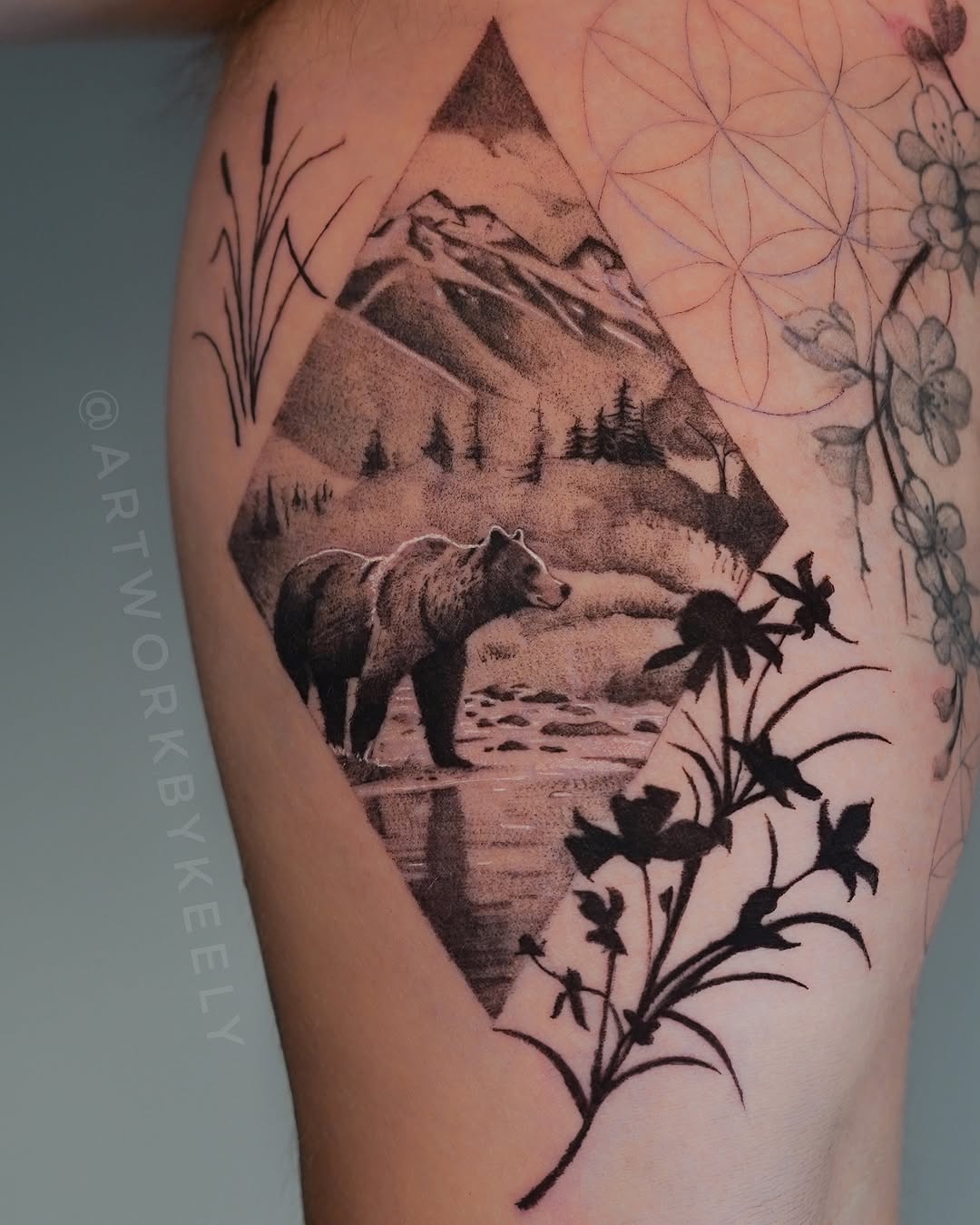 Stunning bear tattoo within a diamond frame