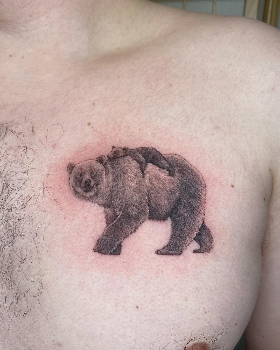 An intricate bear tattoo showcasing strength and grace.