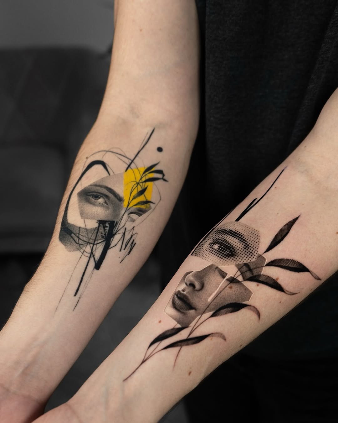 Unique forearm tattoos combining faces and nature.