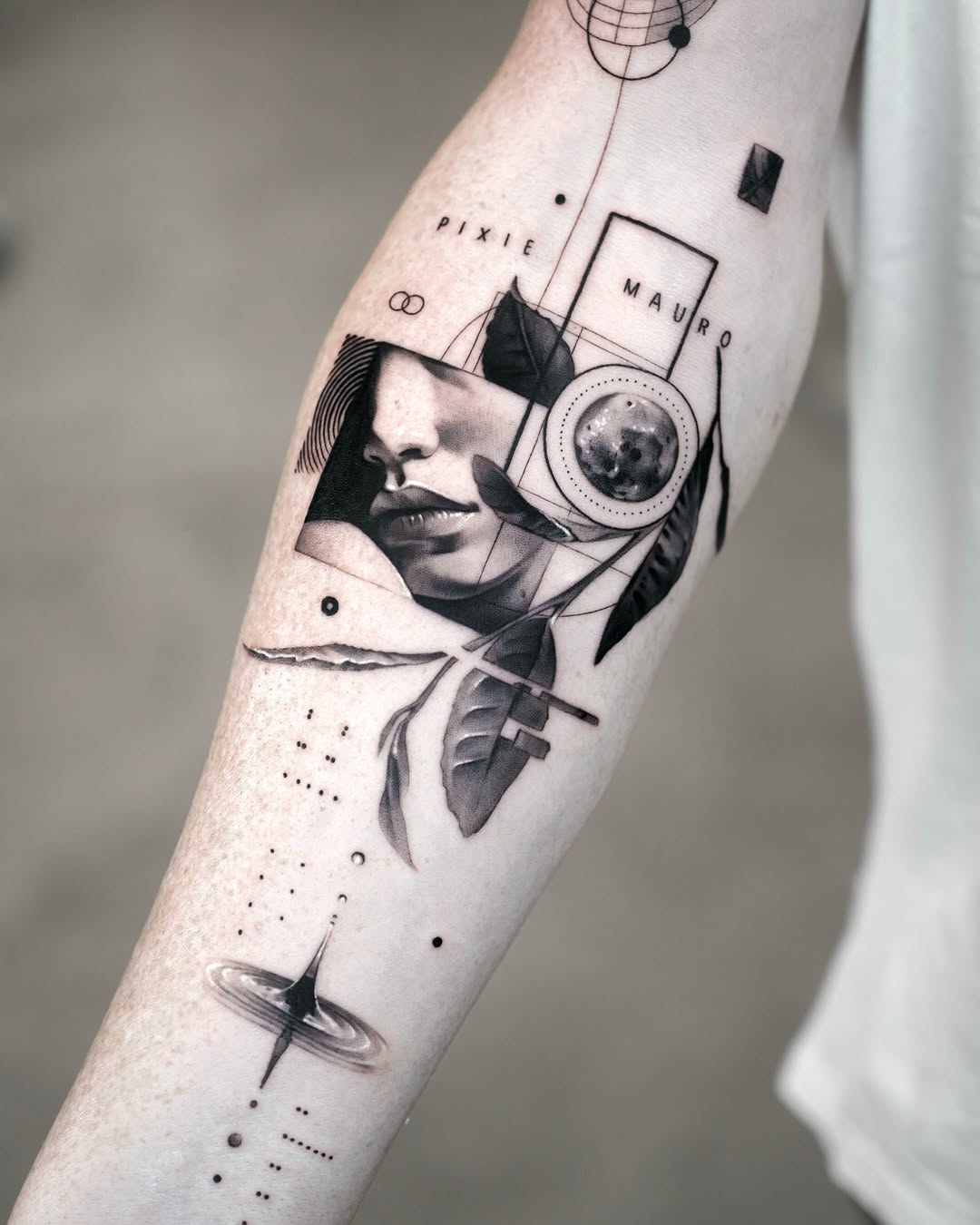 Intricate blackwork tattoo featuring a female face