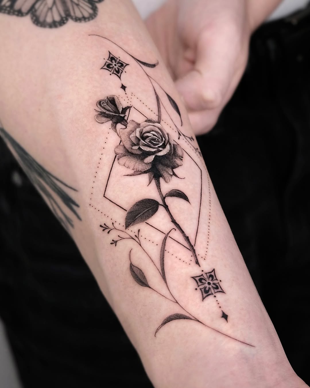 Elegant black rose with geometric details