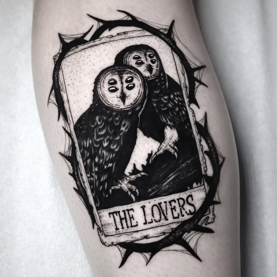 Elegant owl tattoo representing love and partnership