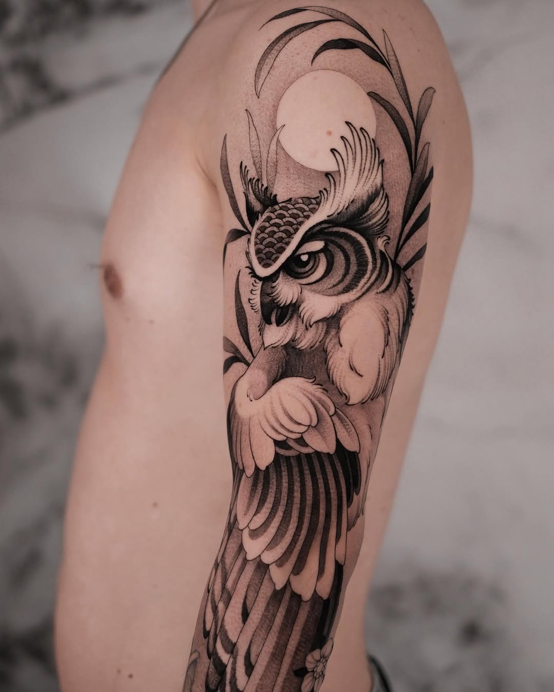Intricate owl tattoo showcasing detailed craftsmanship