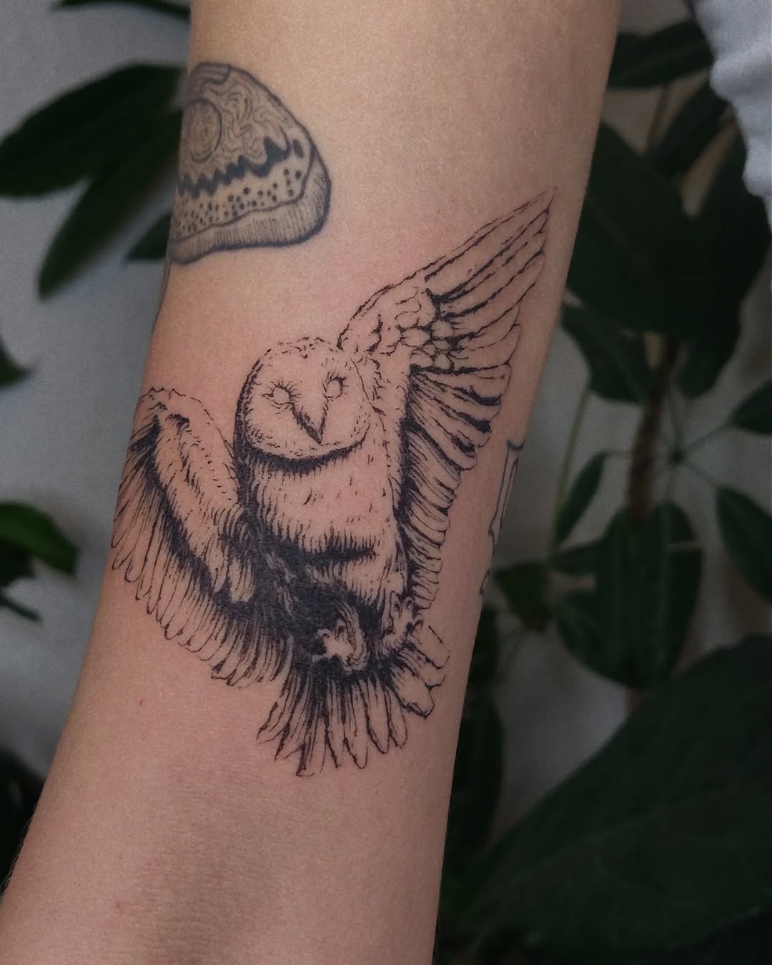 Captivating design of a flying owl tattoo