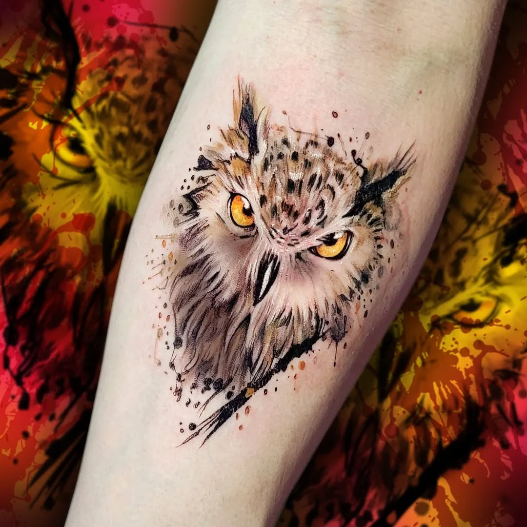Vibrant watercolor owl tattoo design