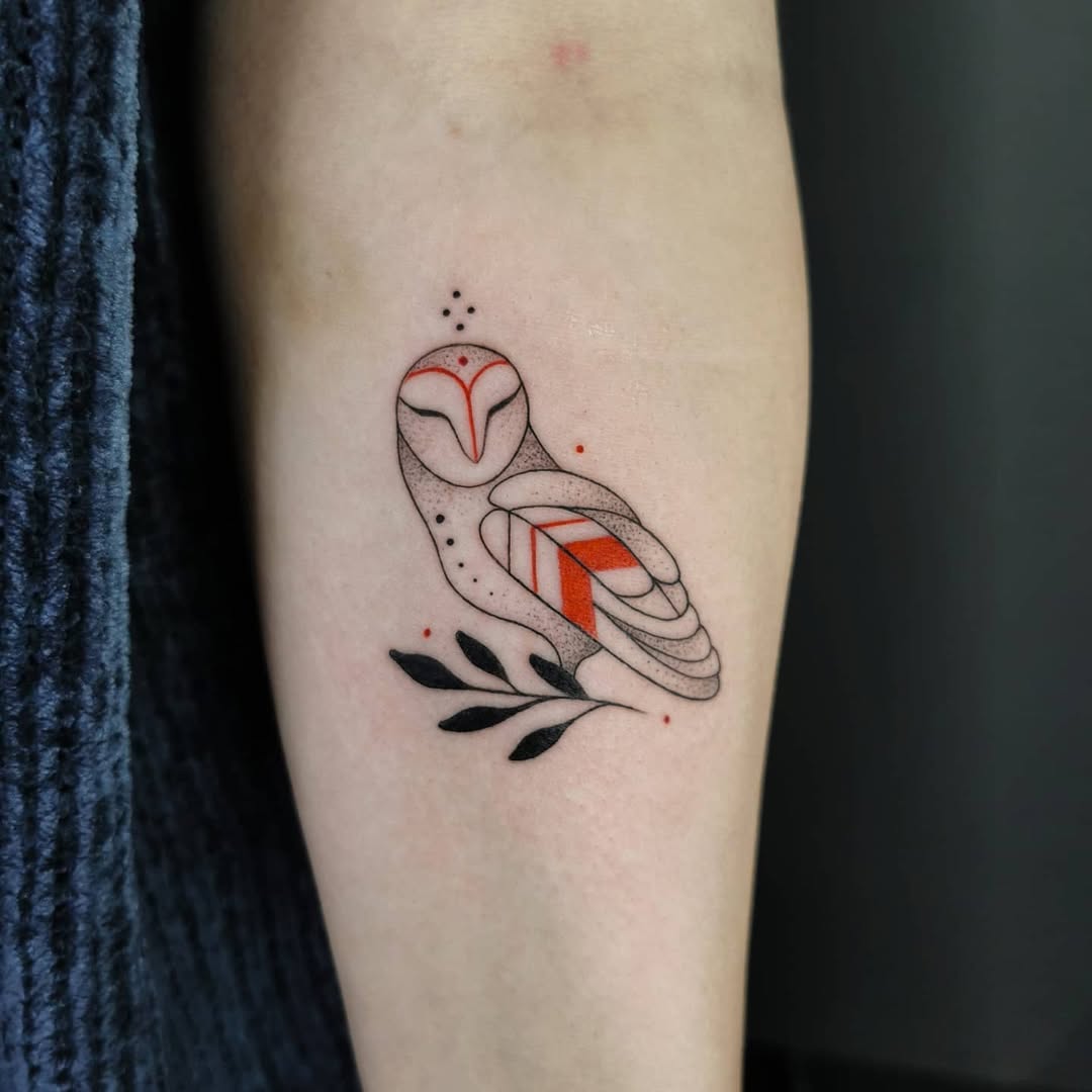 Geometric Owl Tattoo with Red Accents