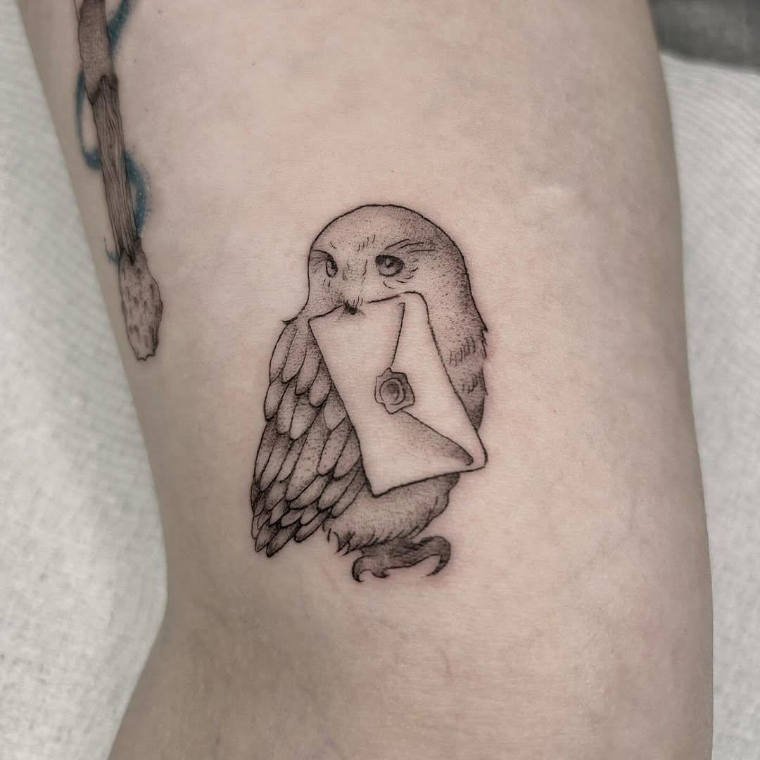 Charming owl tattoo holding a letter