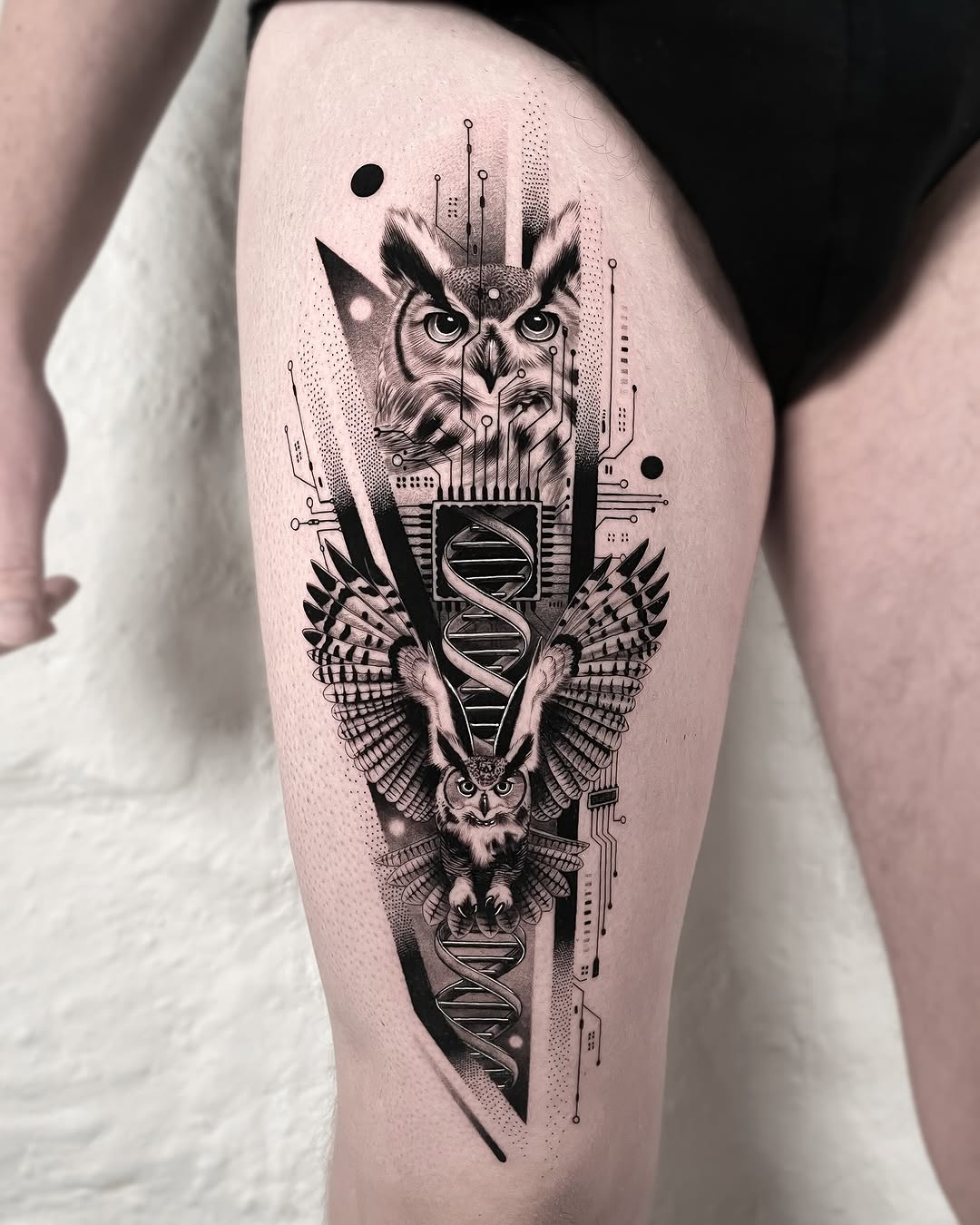 Striking geometric owl tattoo with dual imagery
